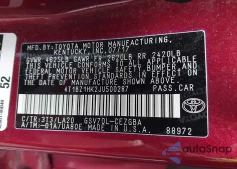 2018 Toyota Camry Xle V6 из США, поврежденный, VIN 4T1BZ1HK2JU500287